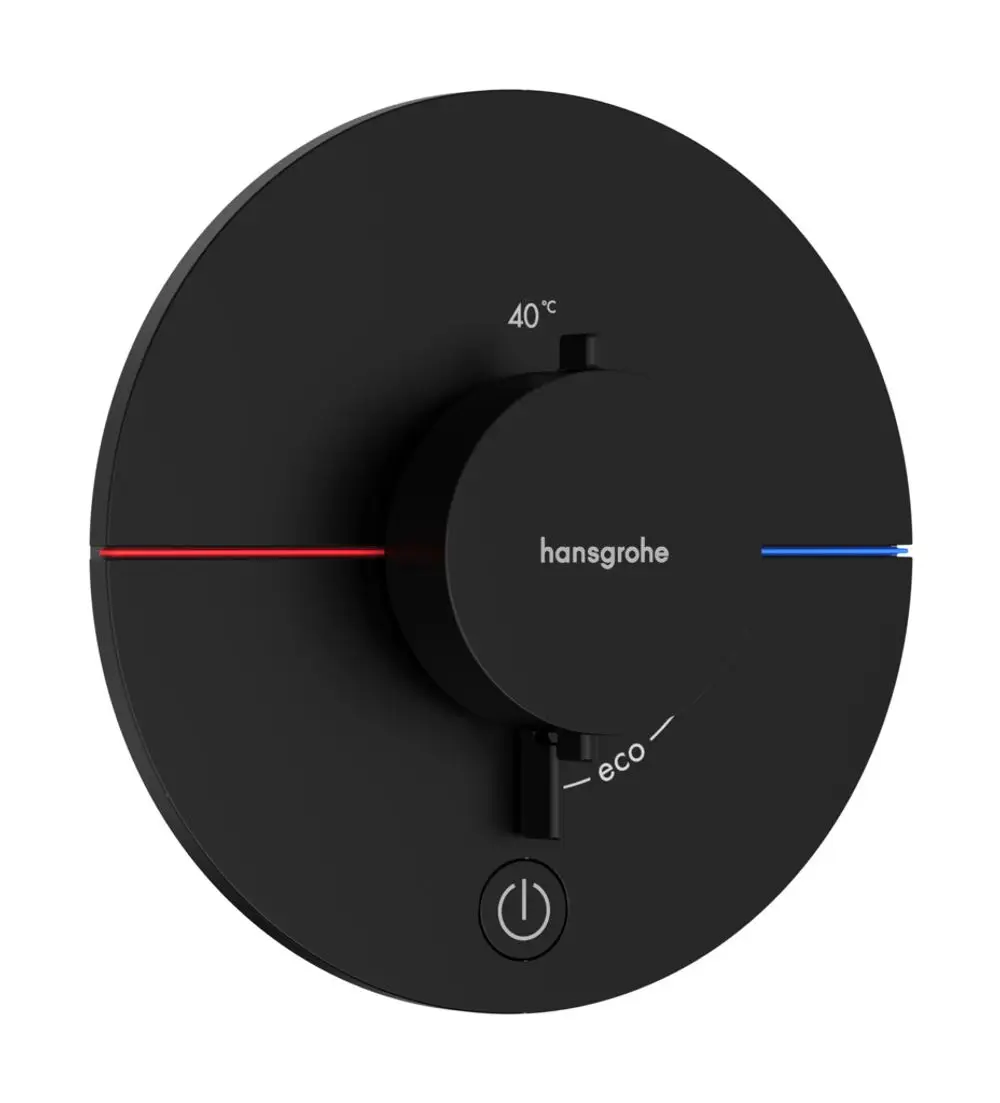 Schwarzes Thermostat von Hansgrohe mit Temperatur- und Eco-Einstellung, rundes Design und zentrale Steuerung für eine Dusche.